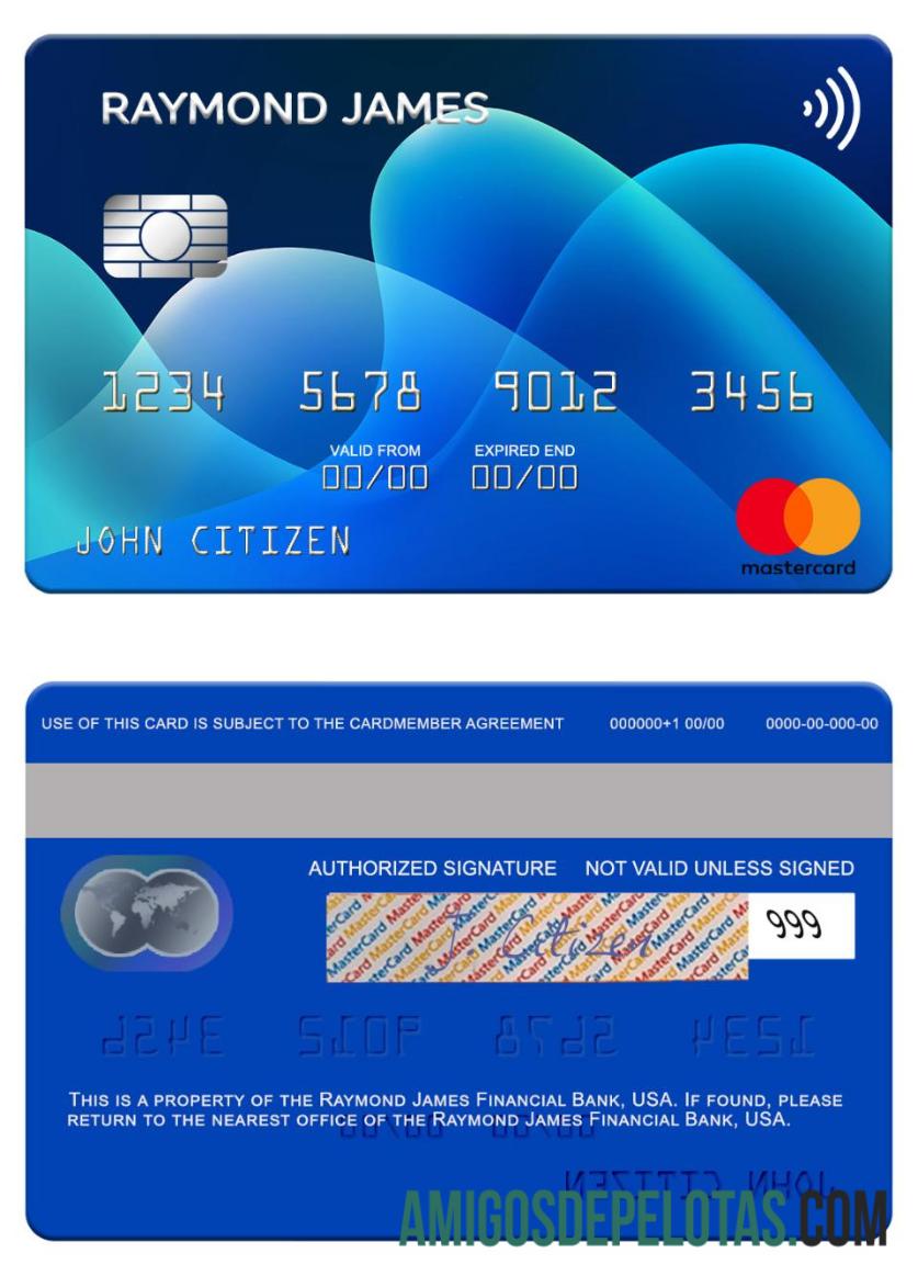 Cartão Mastercard do Banco Financeiro Raymond James dos EUA exemplo real
